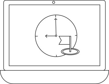 Bir dizüstü bilgisayar ekranında 9 ve 12 'yi gösteren elleri olan bir saat ve hedefi gösteren bir bayrak simgesi.