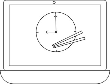 Bir dizüstü bilgisayar ekranında saati belirten elleri olan bir saat yüzü var, yemek çubuklarının bir resmiyle örtülmüş..