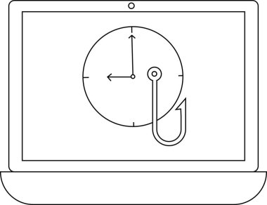 Bir dizüstü bilgisayarda olta iğnesi ile bir saat gösterilir, zamanlamaya duyarlı dolandırıcılığı sembolize eder.