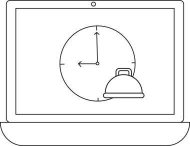 Bir dizüstü bilgisayar ekranında saat 9 'u gösteriyor, yemek saati simgesiyle, yemek zamanlaması veya teslimatı öneriyor.