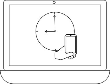 Dizüstü bilgisayar ekranında akıllı telefonu tutan bir saat ve bir el, zaman yönetimi ve teknoloji entegrasyonunu simgeliyor..