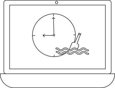 Bir dizüstü bilgisayar ekranında, dijital bağlamda zaman ve iletişimi sembolize eden şişe simgesinde bir saat ve bir mesaj gösterilir..