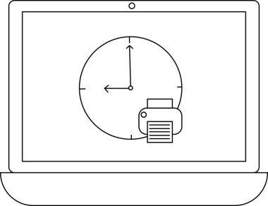 Bir dizüstü bilgisayar ekranında saat 9: 00 'da elleri ve bir yazıcı simgesi ile saat yönetimi ve yazdırma görevlerini sembolize eder.