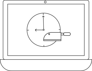 Bir dizüstü bilgisayar ekranı, zaman yönetimi veya teslim tarihlerini sembolize eden bir satırla bir saatin ikiye bölündüğünü gösterir.