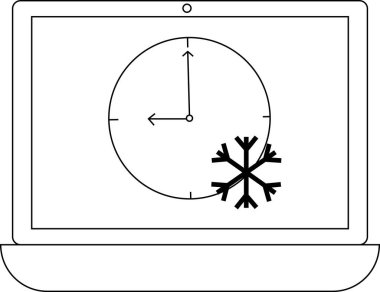 Dizüstü bilgisayar ekranında elleri 12 ve 9 'da kar tanesi sembolü ile birlikte bir saat görülüyor. Bu da sistemin donduğunu ya da yavaşladığını gösteriyor..