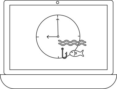 Dizüstü bilgisayar ekranında saat 9: 00 'da elleri olan bir saat, oltaya takılmış bir balık ve zamanlamaya duyarlı dolandırıcılıkları gösteren dalgalar var..