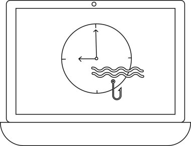 Dizüstü bilgisayar ekranında saat 9: 00 'da elleri olan bir saat, olta iğnesi ve dalgalı ipler var. Zaman hırsızlığını veya sahtekarlığı akla getiriyor..