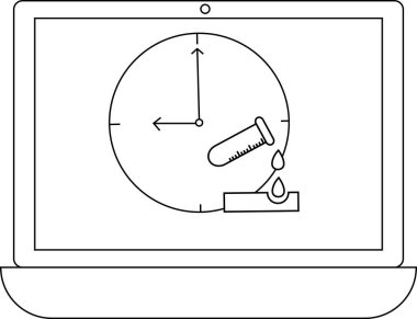 Bir dizüstü bilgisayar test tüpü damlayan bir saati gösterir, zamana duyarlı bilimsel süreçleri ya da araştırma sürelerini sembolize eder.