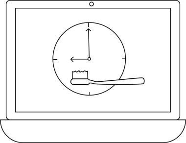 Dizüstü bilgisayar ekranında diş fırçalı bir saat var. Diş sağlığı ve ağız sağlığı için zamanlamanın önemini simgeliyor..