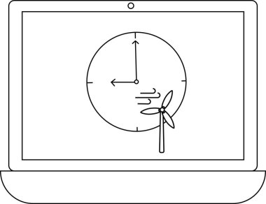 Dizüstü bilgisayar ekranında zaman ve enerjiyi sembolize eden rüzgar türbinli bir saat var. Temiz enerji ve teknoloji kavramı.