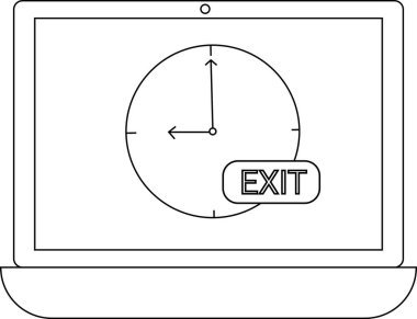 Bir dizüstü bilgisayar 9 ve 12 'yi gösteren bir saat gösterir, bir çıkış düğmesinin yanında, bir satır sanatı tarzında.