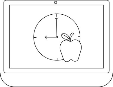 Bir saat ve elmayı gösteren, öğrenme zamanını ve bilgiyi sembolize eden, eğitici içerik için ideal bir dizüstü bilgisayar.