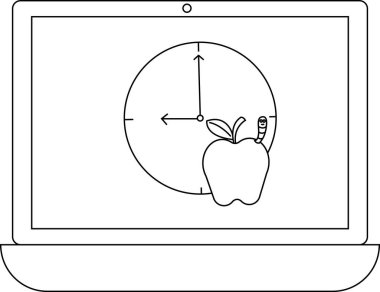 Bir dizüstü bilgisayar ekranında saat ve elma gösterilir, zaman yönetimi ve öğrenmeyi sembolize eder, eğitim içeriği için ideal.
