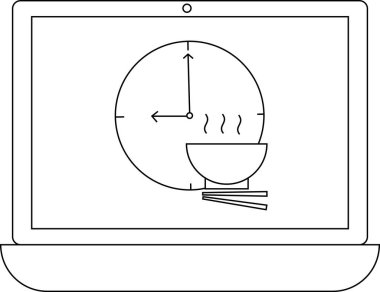 Dizüstü bilgisayar ekranında elleri saat 8 'i işaret eden bir saat var. Üzerinde de bir kase şehriye ve çubuk var..