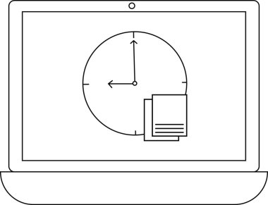 Bir dizüstü bilgisayar dijital ortamda zaman yönetimi ve verimliliği sembolize eden bir saat ve belge simgesi gösterir.