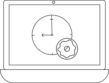 Bir saat ve dişli simgesini gösteren, zaman yönetimini, verimliliği ve dijital bir aygıt üzerindeki zamanlamayı simgeleyen bir dizüstü bilgisayar.