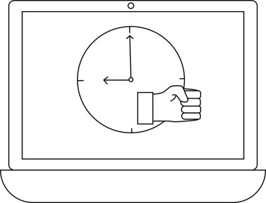 Dizüstü bilgisayar ekranında zaman yönetimi ve teslim tarihlerini sembolize eden eli olan bir saat görülüyor. Görüntü aciliyeti ve zamanı etkili bir şekilde kontrol etme ihtiyacını iletir..
