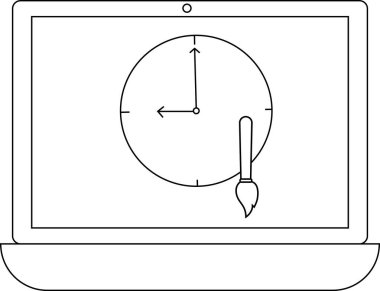 Bir dizüstü bilgisayar ekranında 9-00 saatlerini gösteren, yanında boya fırçası olan, yaratıcı iş ve tasarım projeleri için zamanı simgeleyen bir saat gösterilir..