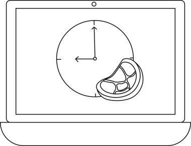Portakal dilimli, zaman yönetimi ve sağlıklı alışkanlıkları sembolize eden bir saat yüzlü dizüstü bilgisayarın minimalist çizgisi..