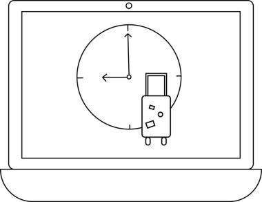 Bir dizüstü bilgisayar ekranında seyahat zamanını ve planlamayı simgeleyen bir saat ve bavul gösterilir. Seyahat, tatil ya da iş gezisi kavramları için basit çizgiler çizimi.