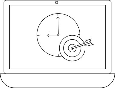 Dijital çağda zaman yönetimi, hedefler ve verimliliği sembolize eden bir saat ve hedefi gösteren bir dizüstü bilgisayar..