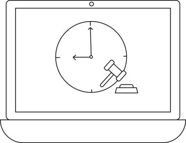 Bir dizüstü bilgisayar ekranında son teslim tarihine yakın bir saat gösteriliyor, yakında sona erecek olan çevrimiçi bir açık artırmayı sembolize eden bir tokmak, aciliyeti vurguluyor.