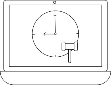 Bir dizüstü bilgisayar ekranında, elleri 9 ve 12 'yi işaret eden, tokmağı sembolize eden online açık arttırmaları ve zamana duyarlı ihaleyi simgeleyen bir saat gösteriliyor..