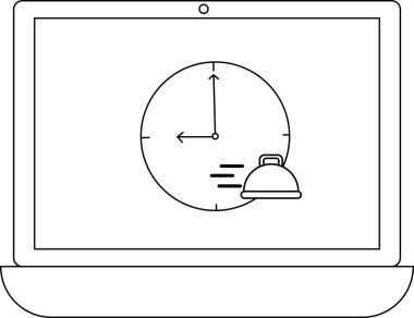 Çevrimiçi yemek siparişini ve teslimat zamanını sembolize eden saat ve yiyecek kapağını gösteren bir dizüstü bilgisayar ekranı..