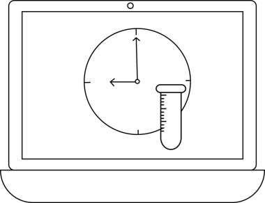 Bir dizüstü bilgisayar çevrimiçi laboratuvar zamanı, araştırma ya da bilimsel çalışmaları sembolize eden bir saat ve test tüpü gösterir. Görüntü bilimde teknolojiyi temsil ediyor..