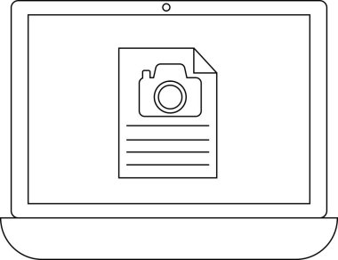 Bir dizüstü bilgisayar ekranı, bir fotoğraf ya da resim dosyası öneren, alttaki yatay ve üstteki kamera içeren bir belge simgesini gösterir.