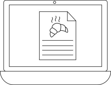 Bir dizüstü bilgisayar ekranında kruvasan tarifi gösterilir, hamur işi ve metin satırlarının çizimi çevrimiçi pişirme derslerini sembolize eder.