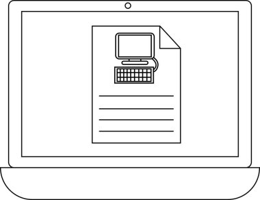 A laptop screen shows a document with a computer illustration, representing digital content, technology, and information access in a simple, clean design.