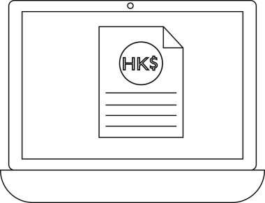 Çevrimiçi finans veya dijital işlemleri temsil eden Hong Kong Dolar para birimi sembollü bir belgeyi gösteren bir dizüstü bilgisayarın tasviri.
