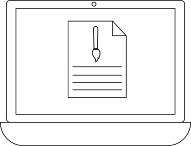 Bir dizüstü bilgisayar, dijital sanat yaratımı veya grafik tasarım yazılımını öneren bir boya fırçası simgesi içeren bir belgeyi görüntüler.