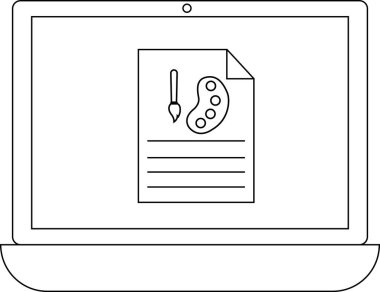 Bir dizüstü bilgisayar ekranında boya fırçası, palet ve çizgilerle dijital sanat projesi veya tasarım konsepti öneren bir belge gösterilir..
