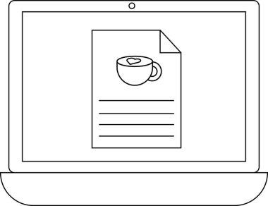 Bir dizüstü bilgisayar ekranında, dijital çalışmayı, yaratıcılığı veya internetteki kahve ile ilgili içeriği sembolize eden, kahve fincanı resimli bir belge gösterilir..