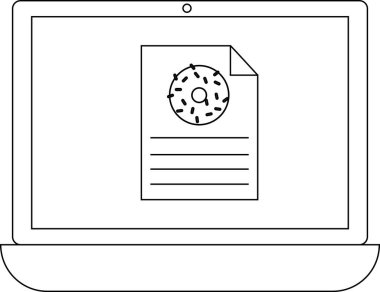 Bir dizüstü bilgisayar ekranı, üzerinde çörek grafiği olan bir belgeyi ve aşağıdaki metin satırlarını basit bir siyah beyaz illüstrasyonla gösterir..