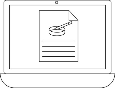 Bir dizüstü bilgisayar ekranında, dijital bir cihazdaki araştırma, analiz veya araştırmayı sembolize eden, büyüteç simgesi içeren bir belge gösterilir..