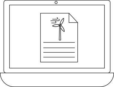 Bir dizüstü bilgisayarda, yenilenebilir enerji ve çevresel farkındalığı dijital platformda sembolize eden bir rüzgar türbini çizimi içeren bir belge gösterilir..