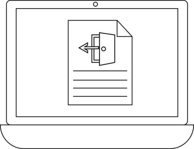 Bir dizüstü bilgisayar ekranı, bir program veya dosyayı basit bir satır sanatı tarzında bırakmayı sembolize eden bir çıkış simgesine sahip bir belgeyi gösterir.