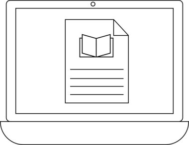 Bir dizüstü bilgisayar ekranı, bir bilgisayarda dijital öğrenmeyi, çevrimiçi kaynakları veya eğitim içeriğini temsil eden açık bir kitap simgesine sahip bir belgeyi gösterir..