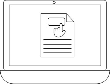 Bir dizüstü bilgisayar ekranı, bir düğmenin üzerinde gezinen metin satırları ve bir el imleci içeren bir belge gösterir, etkileşim veya seçim önerisi.