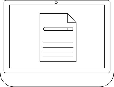 Dizüstü bilgisayar ekranında satır ve kalem içeren bir belge gösterilir, yazma veya düzenleme önerilir.