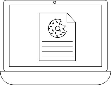 Bir dizüstü bilgisayar ekranı, dijital içeriği veya yiyecekle ilgili bir sunumu sembolize eden çörek resmi ve metin satırları içeren bir belge gösterir.