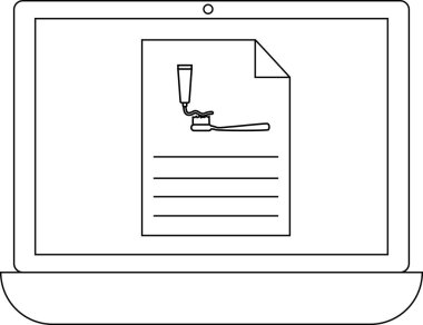 Bir dizüstü bilgisayar ekranında diş fırçasında diş macunu çizimi olan bir belge gösterilir, diş hijyen bilgisi veya talimatları önerilir.