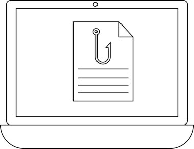 Bir dizüstü bilgisayar ekranında, sahteciliği ve çevrimiçi güvenlik tehditlerini sembolize eden kanca simgesi olan bir belge gösteriliyor. Görüntü siber suç ve veri korumasını temsil ediyor.