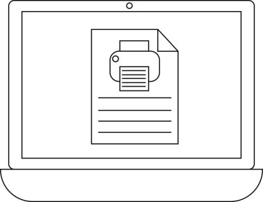 Bir dizüstü bilgisayar ekranında yazıcı simgesine sahip bir belge gösterilir, bir bilgisayarda yazdırma veya belge yönetimini sembolize eder.