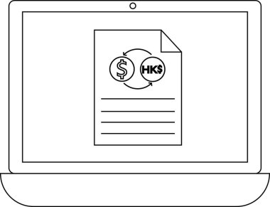 Bir dizüstü bilgisayar ekranında döviz döviz sembollü bir belge gösteriliyor, Amerikan dolarlarını Hong Kong dolarına çeviriyor, mali işlemleri ve küresel ekonomiyi temsil ediyor..