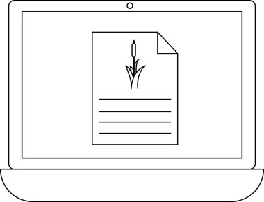 Bir dizüstü bilgisayar ekranı, dijital bilgiyi veya çevresel verileri sembolize eden sazlık illüstrasyon ve metin satırları içeren bir belge gösterir.