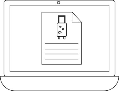 Bir dizüstü bilgisayar ekranında bavul simgesi ve metin satırları olan bir belge gösterilir, bu dijital bir aygıt üzerinde seyahat planlama veya rezervasyon bilgisini önerir.
